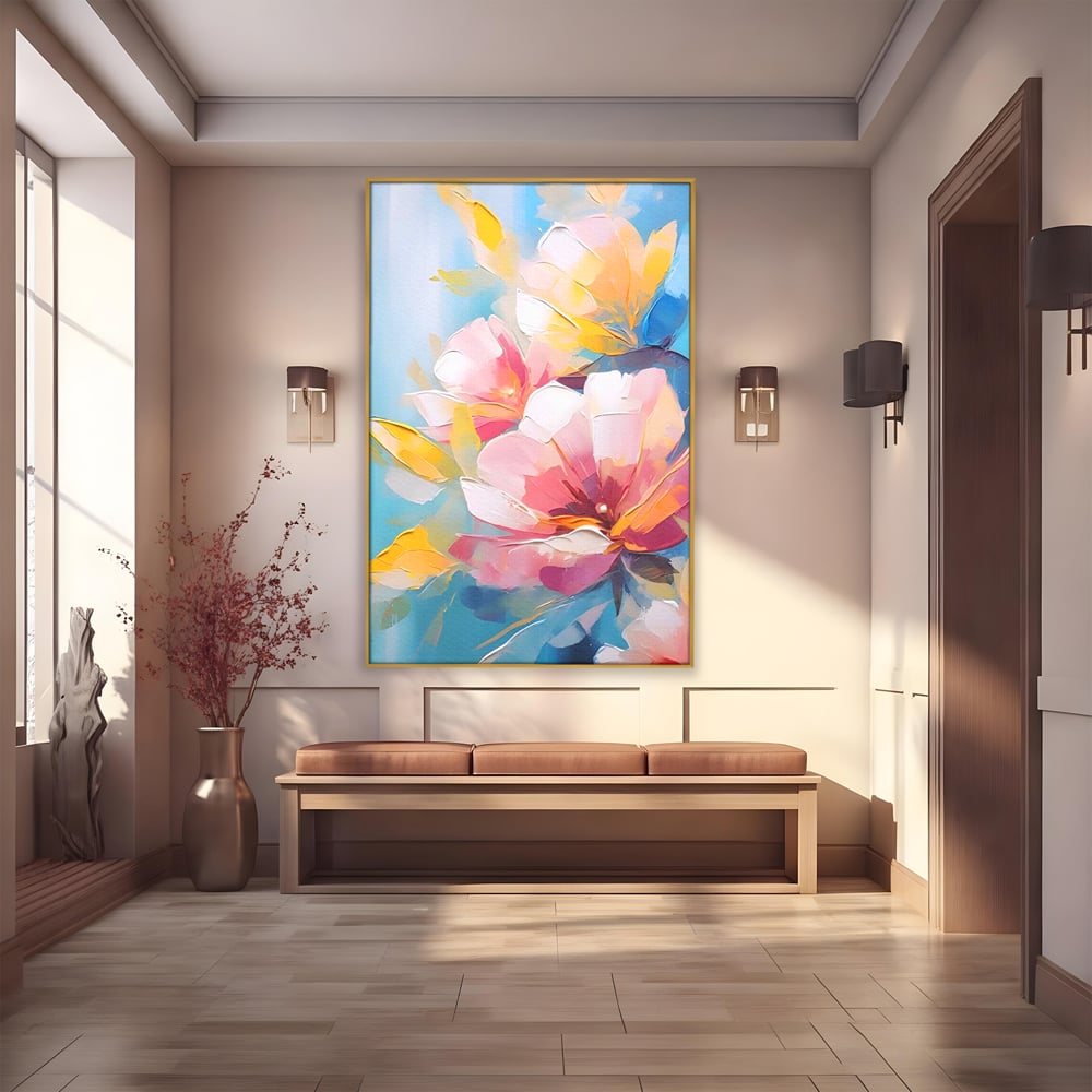 Tablou canvas cu tablou canvas cu flori roz, in rama de aluminiu auriu